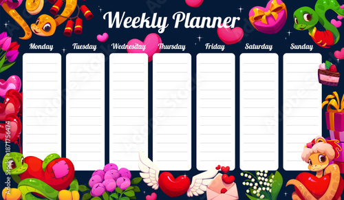 Weekly planner schedule with cute snakes characters and Valentine Day romantic gifts vector background frame. Cartoon love holiday heart balloons, rose flowers and gifts weekly planner or to do list
