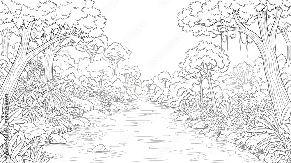 Fototapeta premium Tranquil Jungle River Outline for Coloring Book Activities and Nature Art