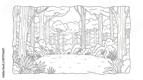 Detailed Hand-Drawn Forest Landscape Line Art with Pond Clearing, Nature Coloring Book Page Design