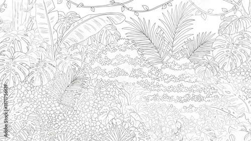 Immersive Tropical Forest Landscape Illustration for Creative Coloring and Relaxation