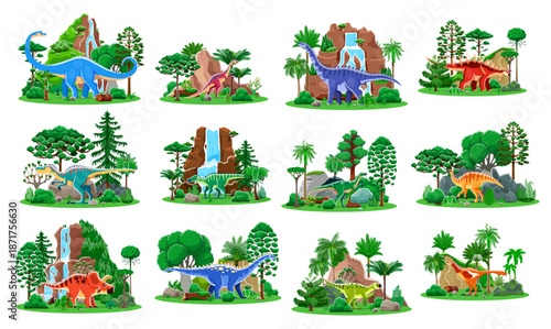 Prehistoric dinosaur cute cartoon characters in jungle scene. Datousaurus, Anchisaurus, Hypselosaurus and Kentrosaurus, Dubreuillosaurus dinosaurs vector characters, waterfalls, trees and rocks