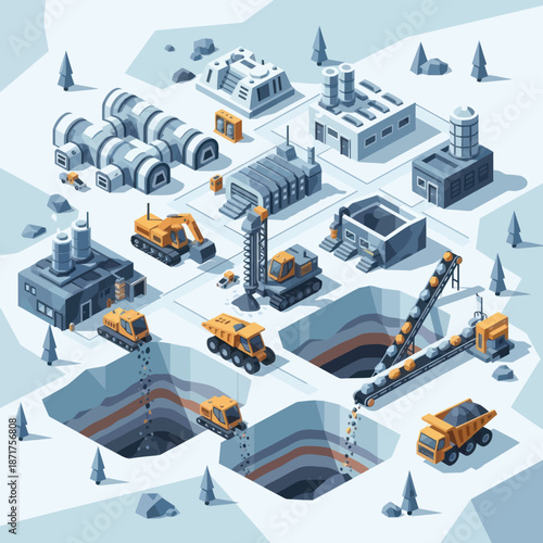 Industrial Mining Site with Heavy Machinery.