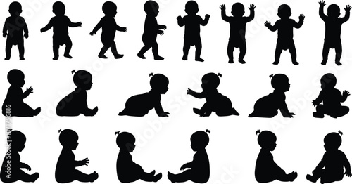 Baby silhouette activity collection showing sitting, crawling, standing and walking poses, infant growth development concept, black and white illustration