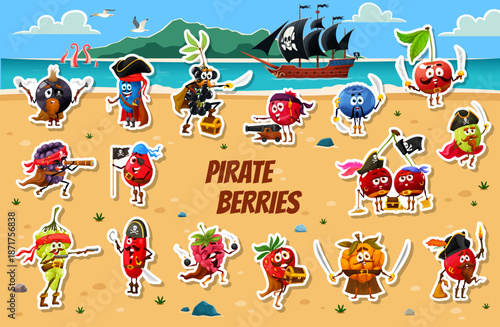 Cartoon berry pirate and corsair characters stickers on treasure island landscape vector background. Cute cherry, strawberry, cranberry and bilberry, raspberry and barberry with pirate ship, flags