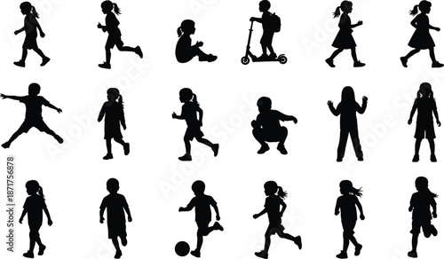 Children silhouette activity set showing running, walking, playing, sitting and scooter riding, black and white isolated kid motion illustration