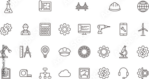 Engineering industry line icons set, construction technology tools symbols, industrial workflow elements, minimal outline style, cad drawing flat vector illustration