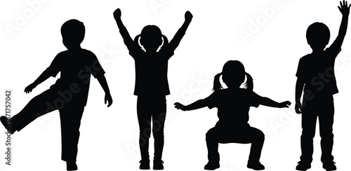 Children silhouette set showing playful movements, jumping, squatting and waving poses, active childhood expression concept, black and white isolated illustration