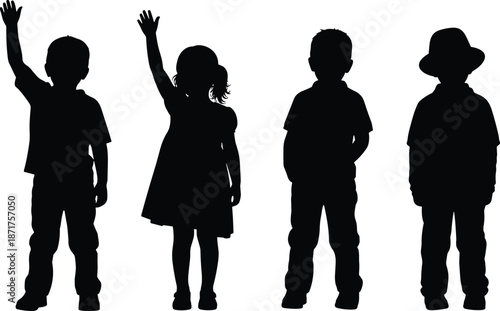 Children silhouette set standing and waving hands, boys and girls poses expressing childhood innocence and greeting, black and white isolated illustration