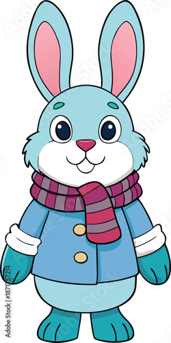 Adorable cartoon illustration features a cheerful light blue bunny character dressed warmly in a winter coat and striped purple scarf standing upright against a white background ready for cold weather
