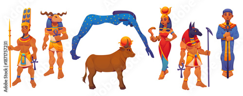 Ancient Egypt gods Amun with feather crown, Khnum ram head, Nut arched starry body and Apis holy bull. Vector Hathor with sun disk, Anubis jackal head and Ptah. Egypt religion gods and goddess set