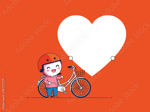 A cheerful cartoon girl wearing a helmet standing beside her bicycle with a large heart in the background