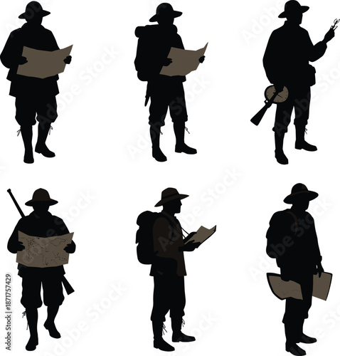 Explorer silhouette, adventurer figure, map reading, compass navigation, outdoor journey, expedition, discovery, adventure travel, exploration art, wilderness, navigation, fieldwork