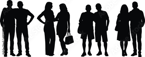 People silhouette pairs standing together in casual conversation and companionship poses, social interaction lifestyle concept, black and white isolated illustration