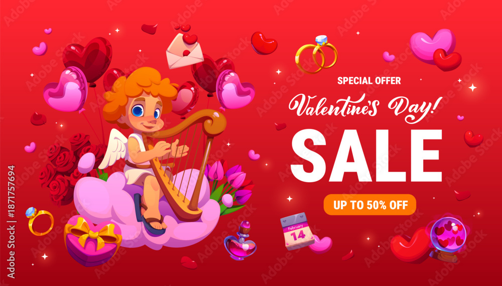 Obraz premium Happy Valentine day sale banner with cherub, love hearts and gifts. Vector promo card with cheerful cupid, angel or Amour with character playing harp on pink cloud surrounded by flowers and balloons