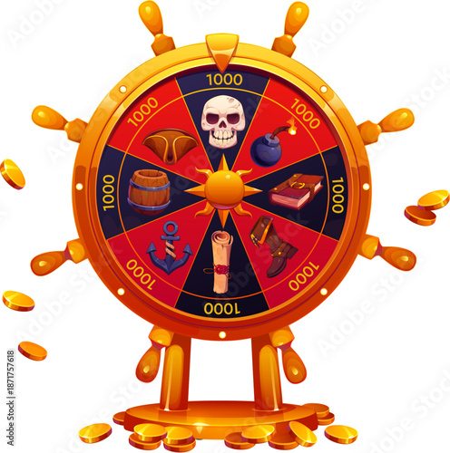 Fortune wheel spin with pirate elements. Cartoon vector wooden ship wheel with spin lottery segments including skull, bomb, book, boots, barrel, map, anchor, captain hat and gold coins scatter around