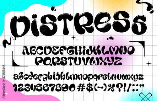 Liquid bubble font, funky wavy type, y2k letters typeface, groovy English alphabet. Vector bold and distorted black bubble style script includes uppercase, lowercase characters, numbers and symbols