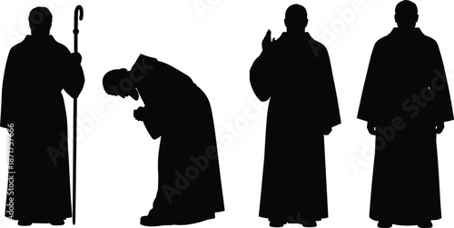 Religious monk silhouette set in prayer and standing poses, spiritual worship concept, black and white isolated faith illustration