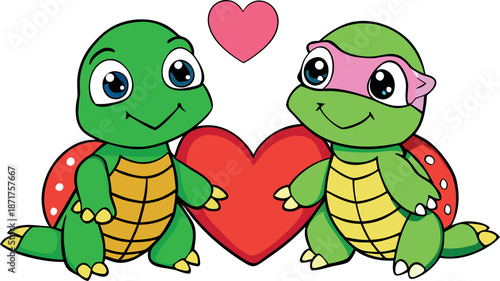 Two adorable cartoon baby turtles expressing deep affection standing close together beside a large, bright red heart symbolizing romantic love on valentine's day.
