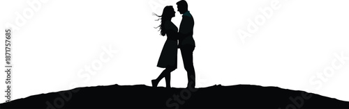 Romantic couple silhouette embracing on hill at sunset, love relationship concept, minimal black white illustration background for modern stock photography