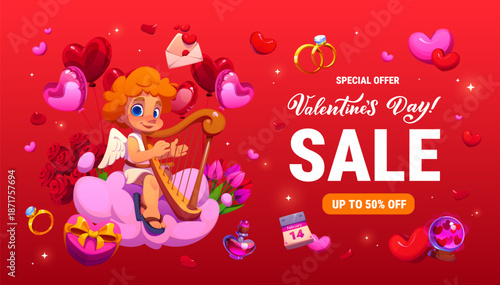 Happy Valentine day sale banner with cherub, love hearts and gifts. Vector promo card with cheerful cupid, angel or Amour with character playing harp on pink cloud surrounded by flowers and balloons