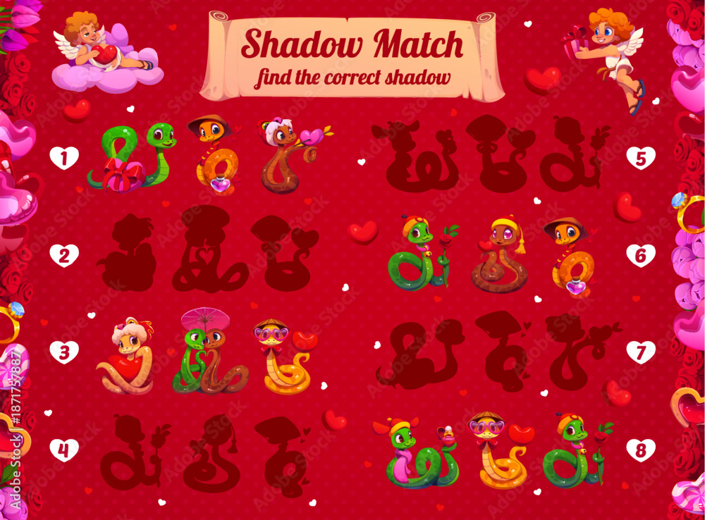 Fototapeta premium Shadow match game with Valentine day snakes to find correct picture, vector cartoon worksheet. Shadow match kids game quiz with funny snake characters, Valentine day hearts, magic potion and flowers