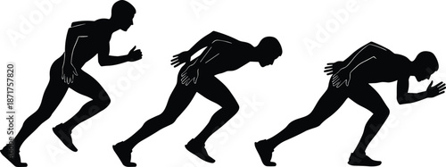 Sprinter athlete silhouette sequence showing explosive start and acceleration phases, professional running motion study, black and white isolated sports illustration