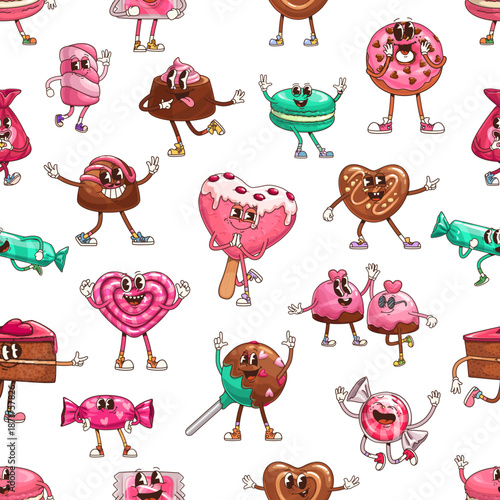 Retro groovy candy and sweets seamless pattern. Chocolate pralines, heart shaped lollipop, donuts, cake slices, cupcakes and toffees anthropomorphic personages. Cartoon vector pastry characters tile