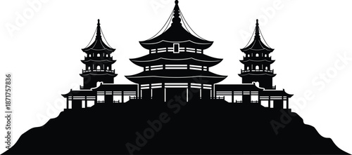 Traditional Asian pagoda temple silhouette on hilltop, ancient oriental architecture landmark, black and white isolated cultural illustration