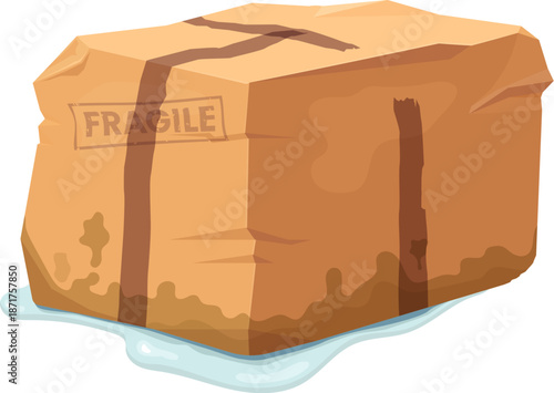 Crumpled and damaged box, broken ripped parcel cardboard package. Soaked and dented parcel box with dripping water and rough tape lines. Delivery problem, bad logistics theme