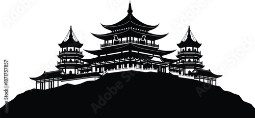 Traditional Asian pagoda temple silhouette on mountain landscape, ancient architecture landmark, black and white isolated oriental building illustration