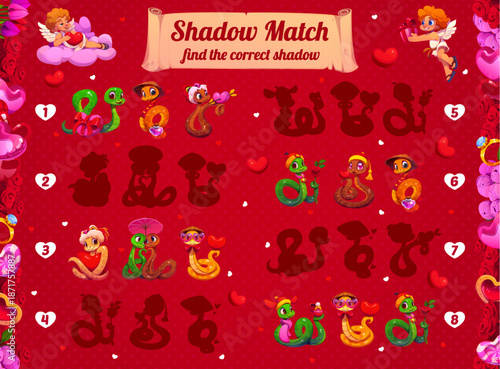 Shadow match game with Valentine day snakes to find correct picture, vector cartoon worksheet. Shadow match kids game quiz with funny snake characters, Valentine day hearts, magic potion and flowers