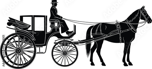 Vintage horse carriage silhouette with coachman, classic transportation concept, historical travel illustration, black and white isolated design for stock use