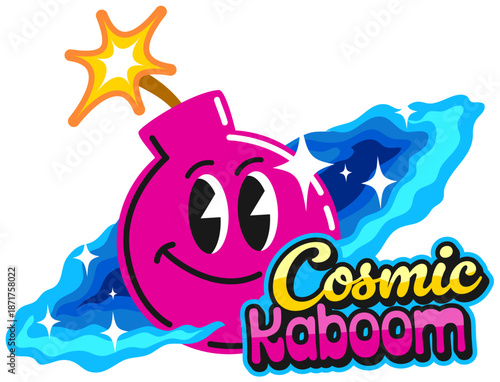 Cosmic bomb and TNT retro Y2K sticker or symbol. TNT grenade groovy vector label, dynamite isolated vintage funky tag. Bomb cheerful character in space galaxy disk sticker or patch