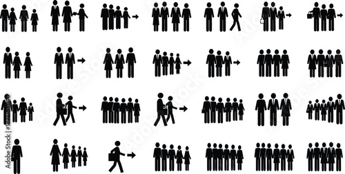 Family group silhouettes, social structure icons, demographic transition, adult child figures, movement arrows, vector illustration, black icons, transformation, concept