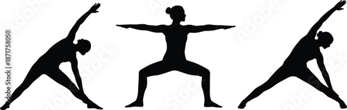 Yoga woman silhouette sequence performing stretching and warrior poses, fitness balance and mindfulness concept, black and white isolated illustration