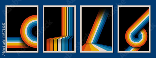 70s retro line background or abstract art vintage posters with rainbow geometric pattern. Vector retro backgrounds with lines of color wave circles for 1970s pop or disco music creative banners design