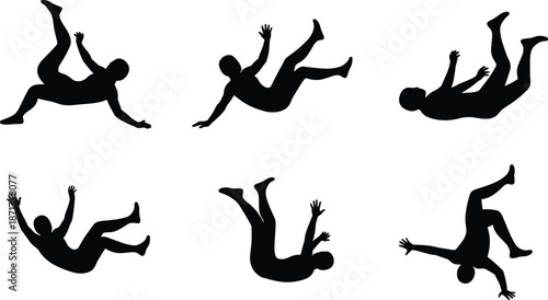 Falling people silhouettes vector set, dynamic human figures in midair poses, isolated black shapes on white, gravity, danger, safety, motion, editable design, stock illustration