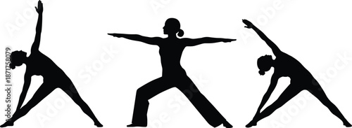 Yoga woman silhouette set performing stretching and balance poses, fitness wellness meditation concept, black and white isolated exercise illustration