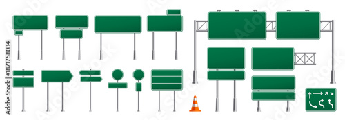 Traffic street road green vector signs and highway signboards on metal poles. Rectangle, arrow, circle and octagon map creation, navigation, traffic transportation street guidance for city navigation