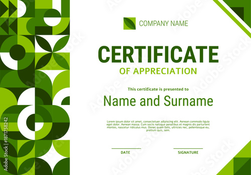Ecology certificate of appreciation with green geometric Bauhaus pattern. Planet ecology protection vector diploma, nature sustainability certificate. Environment saving award with Bauhaus pattern