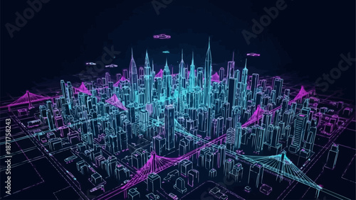 Futuristic Cityscape Digital Wireframe Neon Lights.