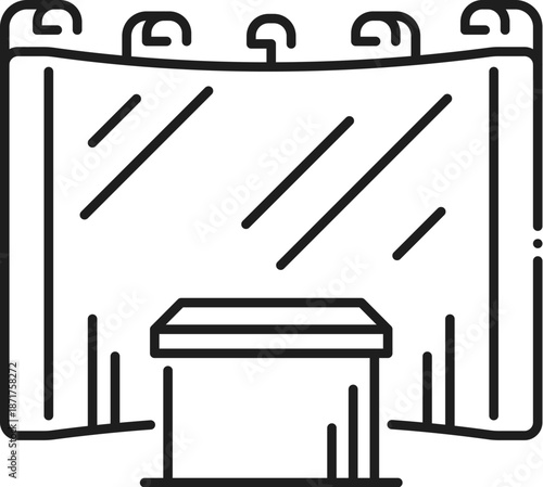 Exhibition promo stage stand display line icon or pictogram. Exhibition presentation light box lineart icon, fair advertising booth outline vector symbol. Trade show stand display sign or pictogram