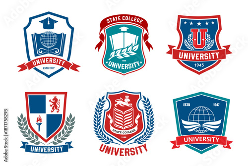University college and school academy education vector icons set. Books, globes, knowledge torch and student graduation hats heraldic shield badges of university, college or school isolated symbols
