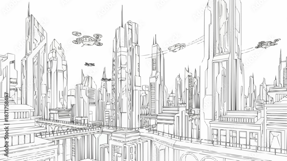 Obraz premium Futuristic Cityscape Drawing with Flying Vehicles.