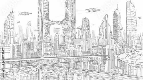Futuristic Cityscape Drawing with Flying Vehicles.