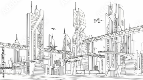 Futuristic Cityscape Drawing with Flying Vehicles.