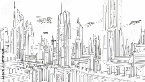 Futuristic Cityscape Drawing with Flying Vehicles.