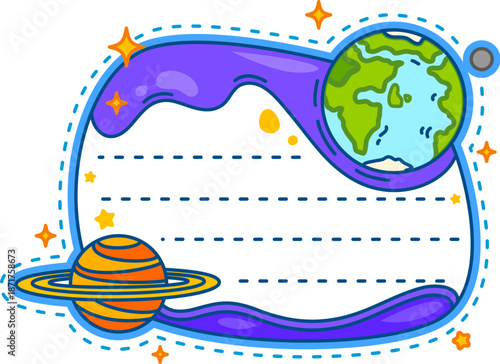 Sky clouds and space Earth planet kids memo note template. Blue sky scrapbook memo note, universe schedule vector sticker. Cosmos kids diary label or frame with cartoon Saturn and Earth planet, stars