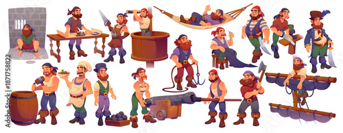 Cartoon pirate characters, corsair ship crew members set. Funny captain, sailor, gunner and skipper pirates vector personages. Happy boatswain, lookout, doctor, carpenter and cook corsairs characters