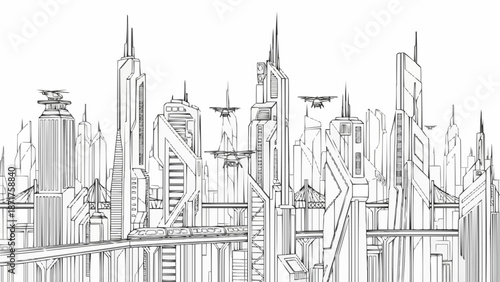 Futuristic Cityscape Drawing with Tall Buildings and Flying Vehicles.